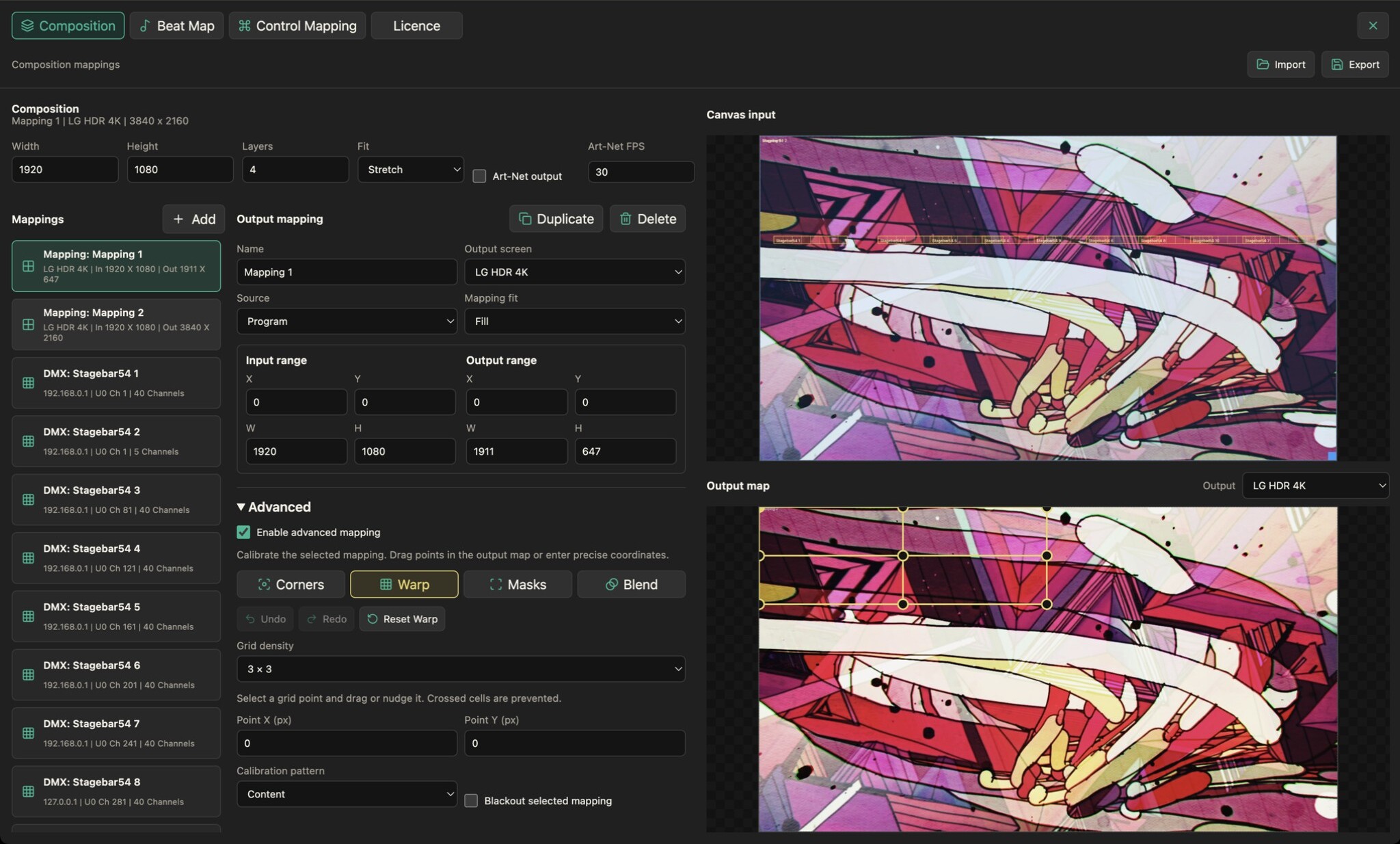 Advanced output editor and warp grid for the supplied show