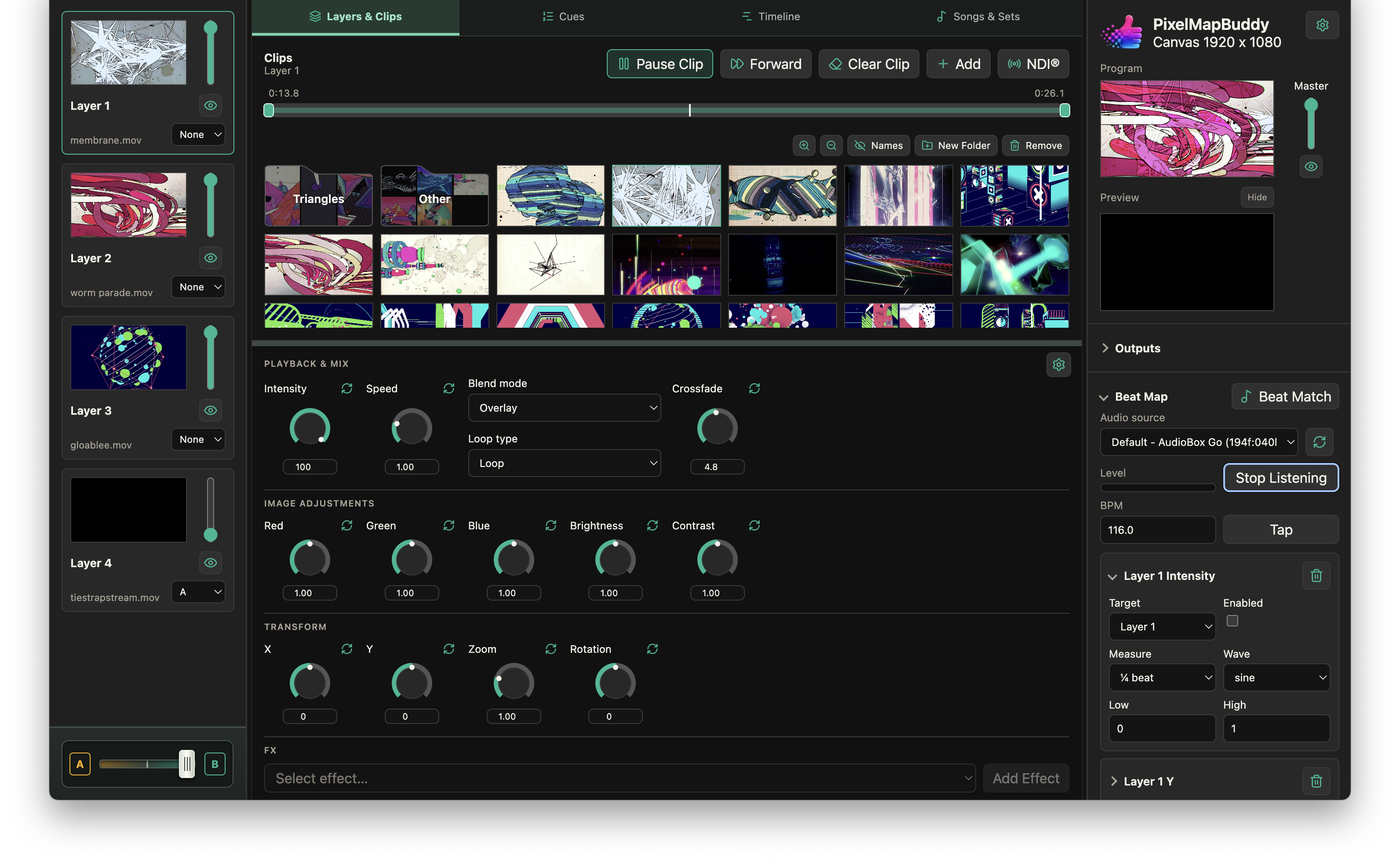Pixel Map Buddy main workspace with Beat Map audio and parameter controls open in the right sidebar