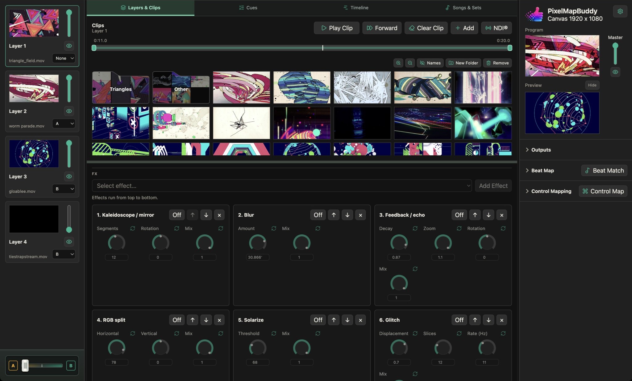 Pixel Map Buddy FX rack with the supplied show’s kaleidoscope, blur and feedback controls