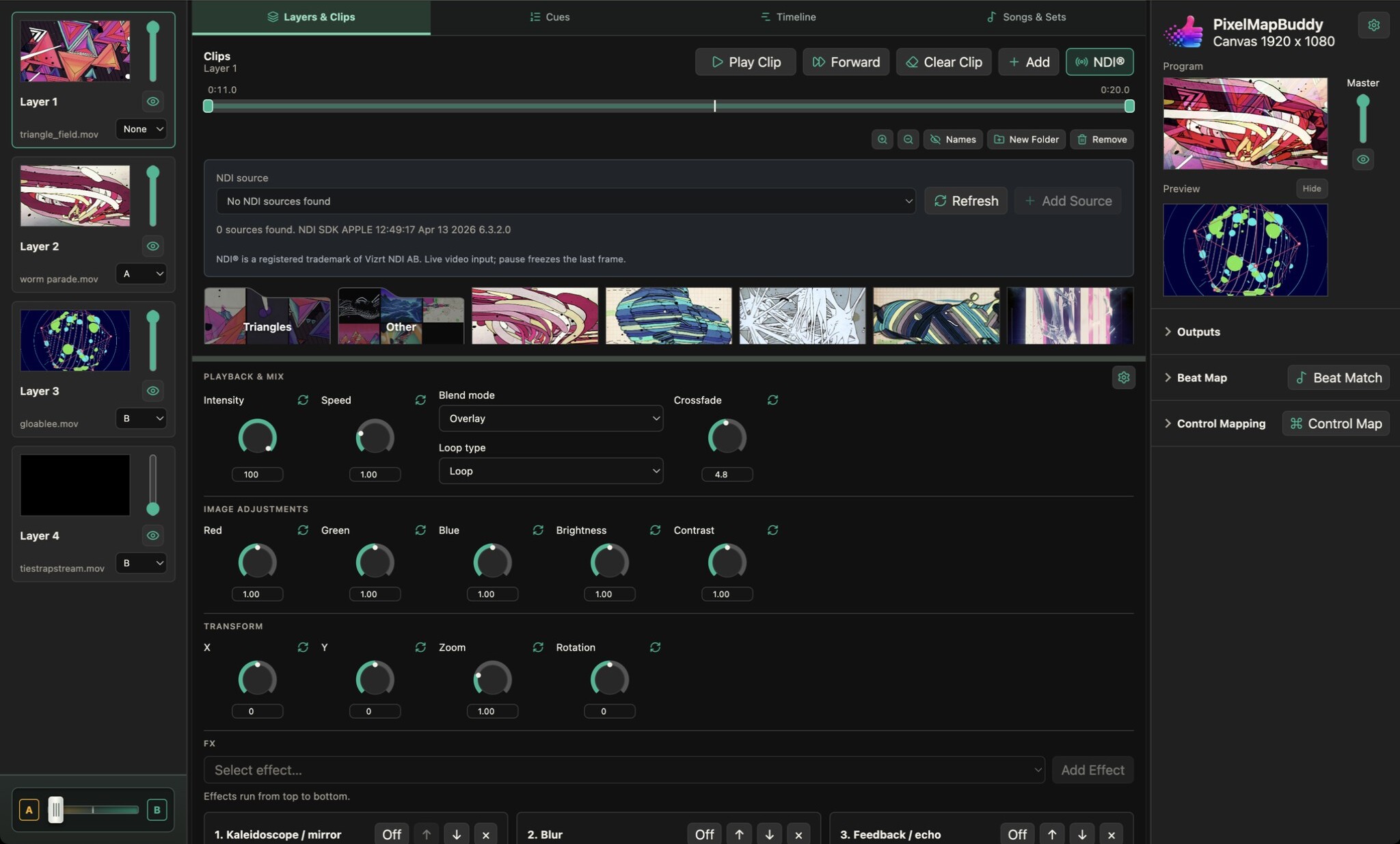 Pixel Map Buddy NDI live source picker