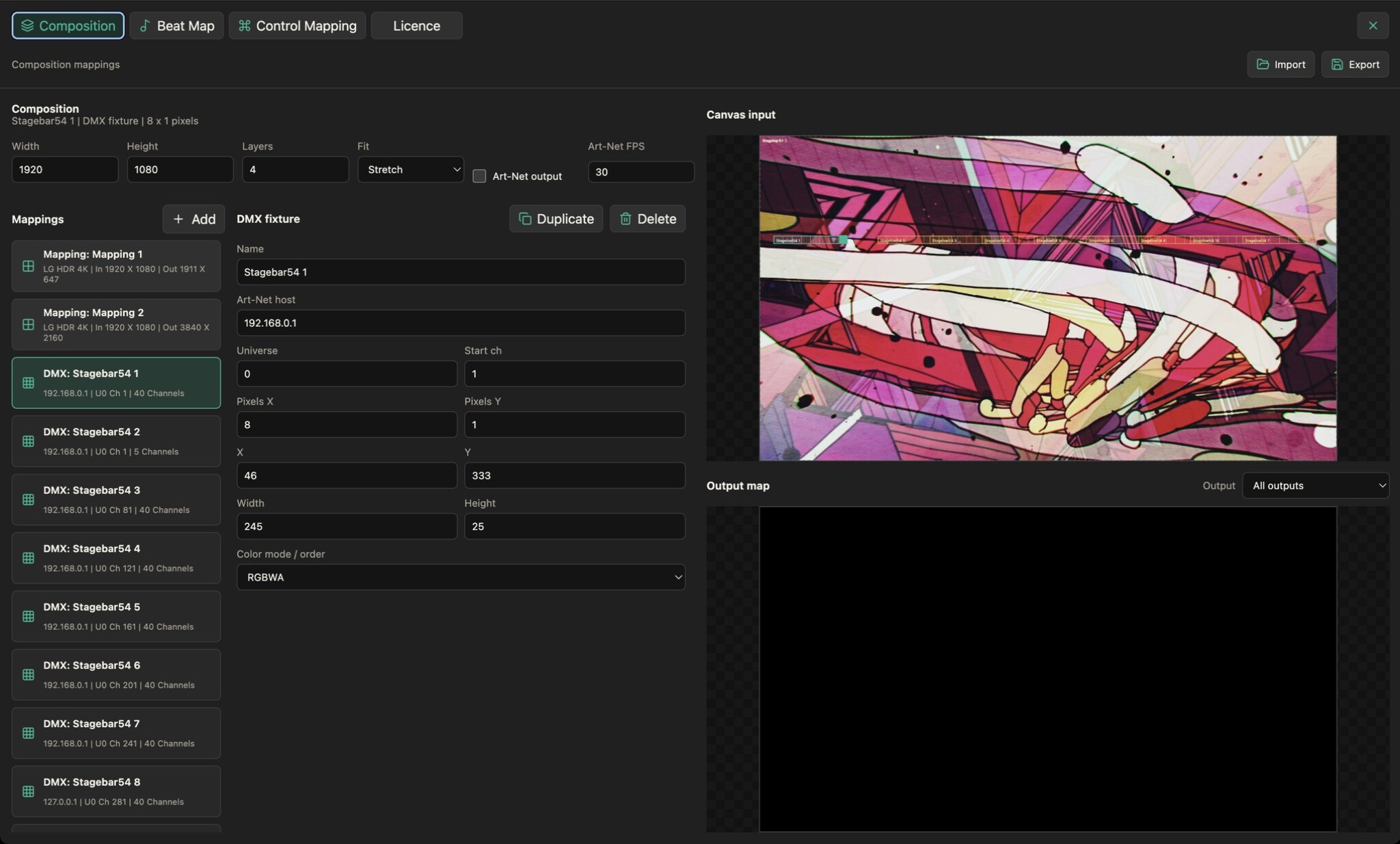 Composition settings with LED fixture layouts and Art-Net controls