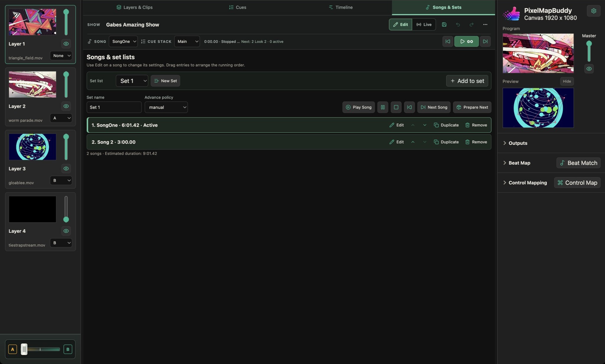 Pixel Map Buddy Songs & Sets controls with the supplied show