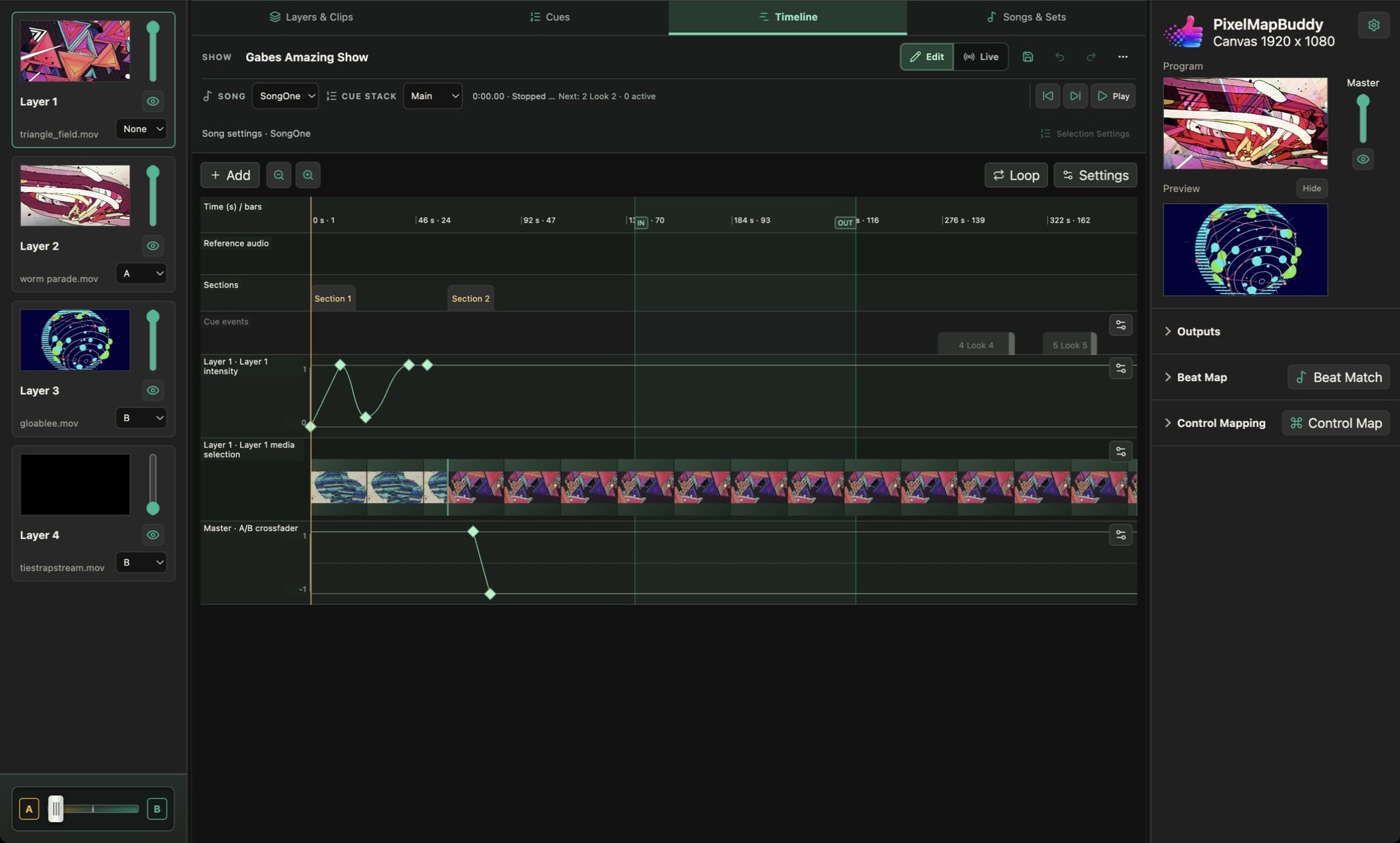 Pixel Map Buddy Timeline controls with the supplied show