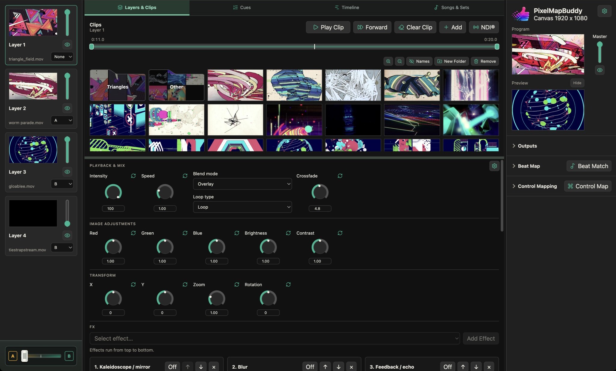 Pixel Map Buddy Video/Still Playback controls with the supplied show