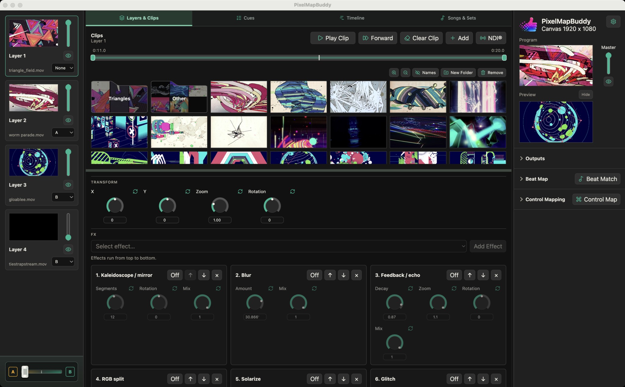 Pixel Map Buddy running a neon visual in its live video mixing workspace